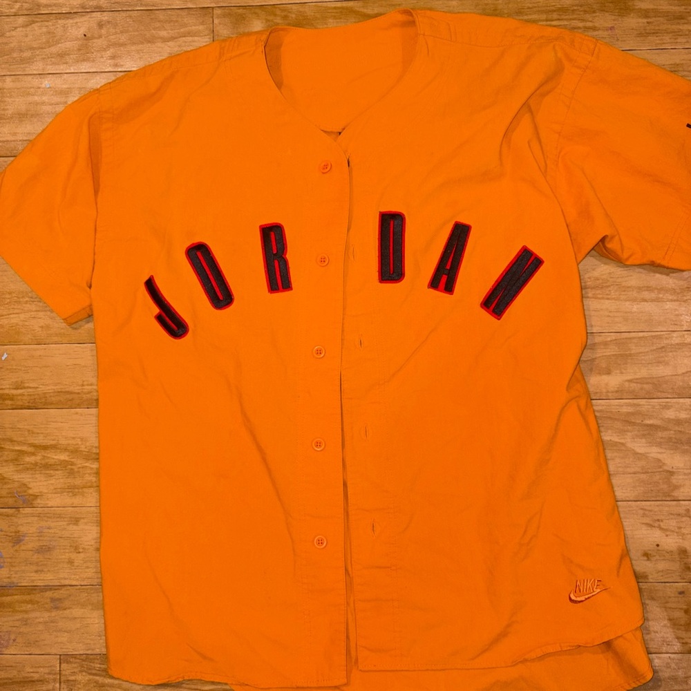 Vintage Nike Air Jordan 'Spellout Logo' Baseball Jersey Orange 1991 Rare Large